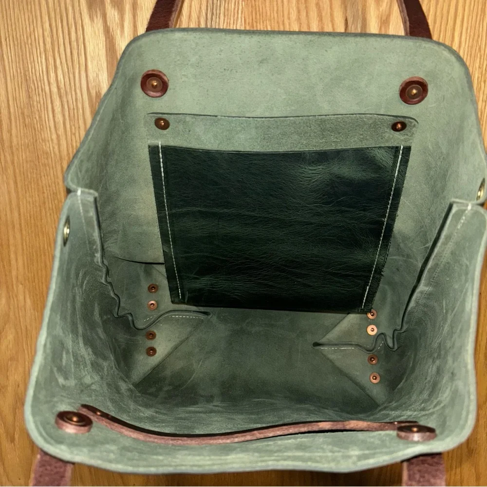 KMM Eucalyptus Leather Tote Bag with Brown Handles
